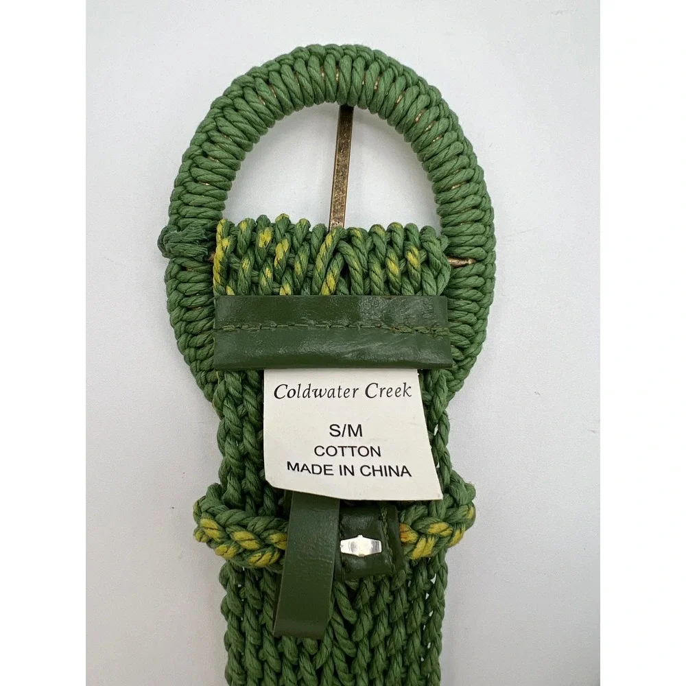 COLDWATER CREEK Macrame Woven Belt Women S/M Green Braided Cotton Round Buckle